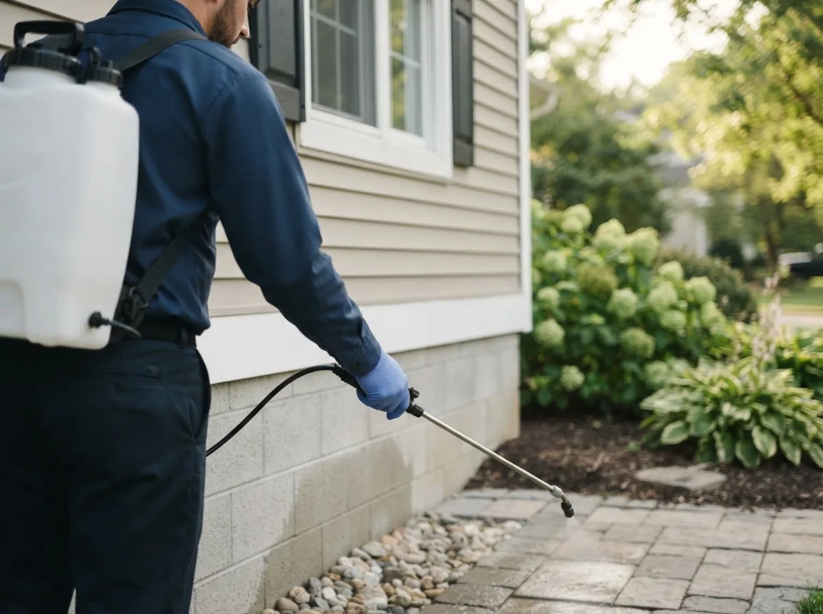 Pest control technician inspecting a home in Neffs, OH